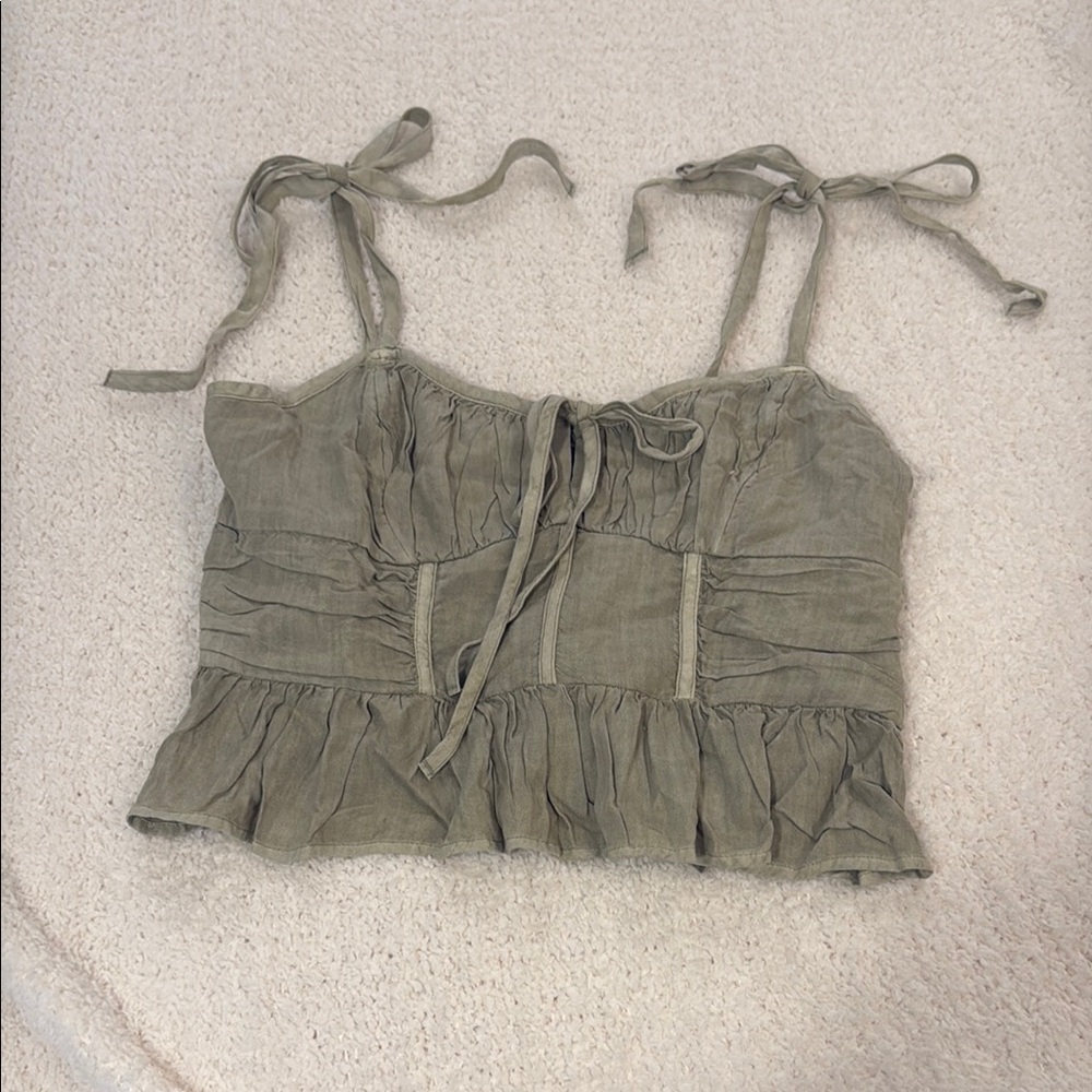American Eagle Outfitters Green Ruched Tie Front Tank Top